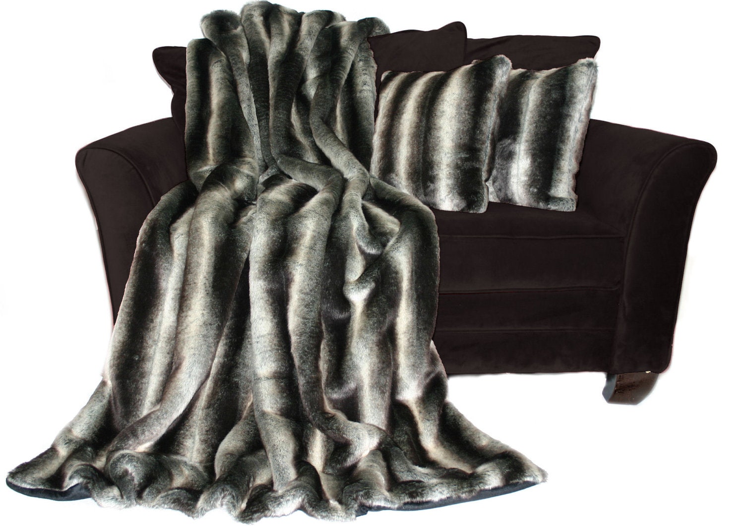 Premium 60X84 Sheared Chinchilla Silver Grey Faux Fur Throw and 18X18 Decorative Pillow Set 3pcs.