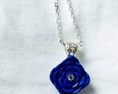 Dimond Rose Flower Necklace / Polymer Clay / Crystal Stone / Silver Plated Chain / Handmade Jewelry