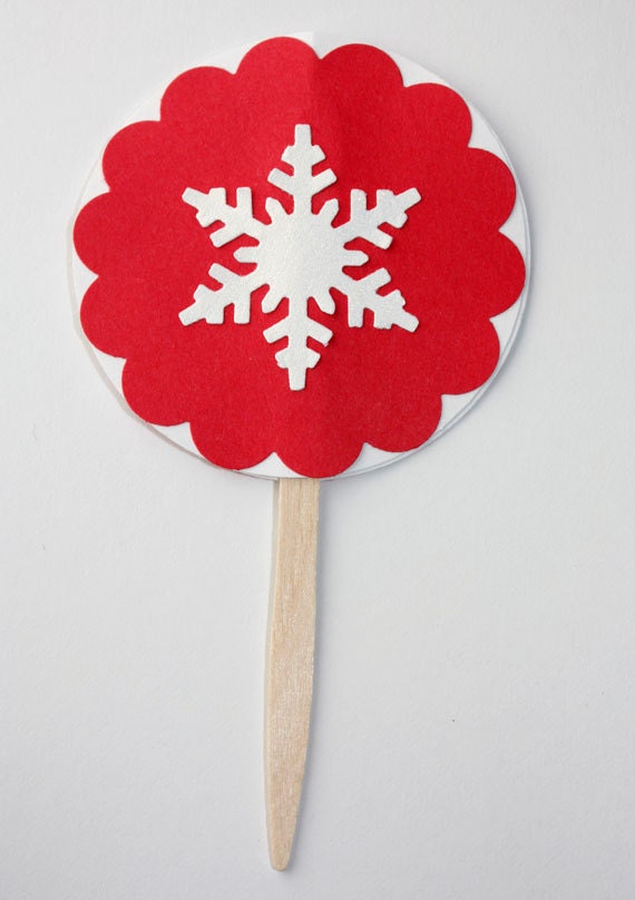 Handmade Snowflake Cupcake toppers, Set of 12, Winter Cupcake Toppers, Red and White Christmas Decorations, Snowflake, Holidays, Winter