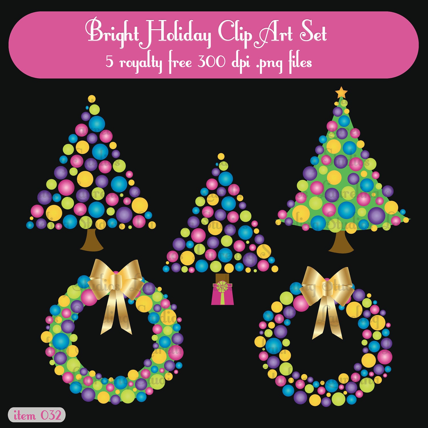 Christmas clip art, Bright Holiday clip art set, digital art, trees, wreaths, baubles, christmas digital, instant download