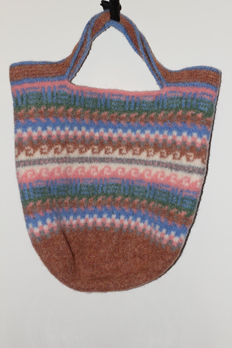 Felted Knit Tote Bag Purse Muted Pastel Beige, Pink, Blue, Green and White