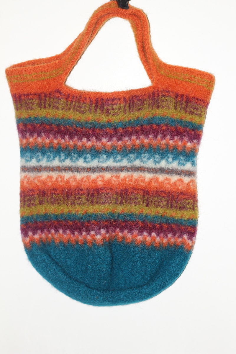 Felted Knit Tote Bag Purse Multi-Colored Bright Orange, Purple, Light Green, White and Teal Blue Bottom