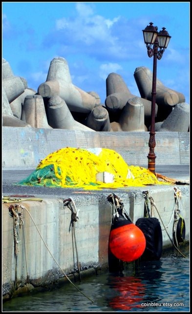 Greek fishing port with fishing nets and blue sky, "I love greece" fine art print photography