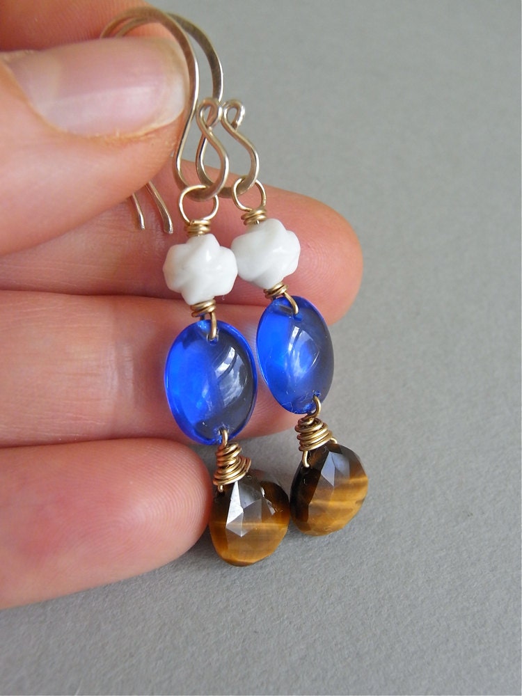 On Sale - Earrings - vintage Bohemian glass, vintage Japanese glass, sterling silver, goldfill, tiger eye - Tyger