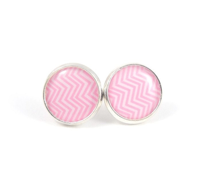 Pink Earring Studs - Pink Chevron Earring Posts - Pink White Earrings - Geometric Jewelry