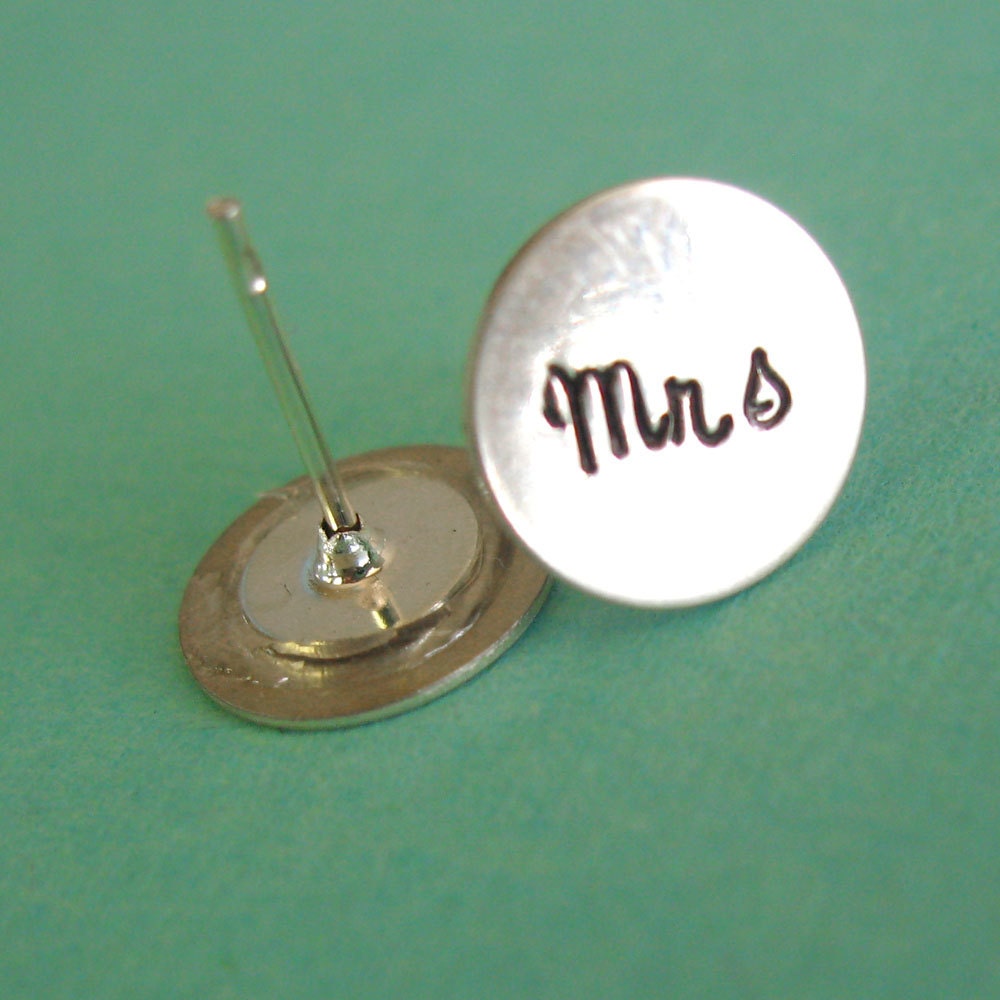 Mrs Stud Earrings -  Hand Stamped Mrs Earrings in Sterling Silver for the new bride