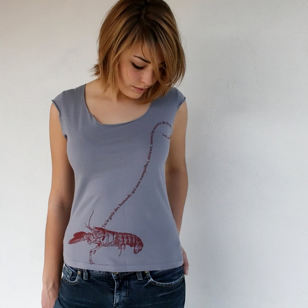Nautical French Lobster Womens Tshirt in slate gray :gift for her, american apparel womens tshirt