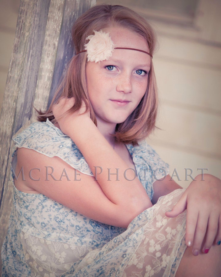 Shabby Chic Chiffon Flower Headband . In Nude . Skinny Elastic Headband