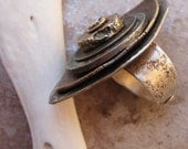 Wabi Sabi Sage, Bronze and Etched Nickel Riveted Eye Ring with Vintage Coins