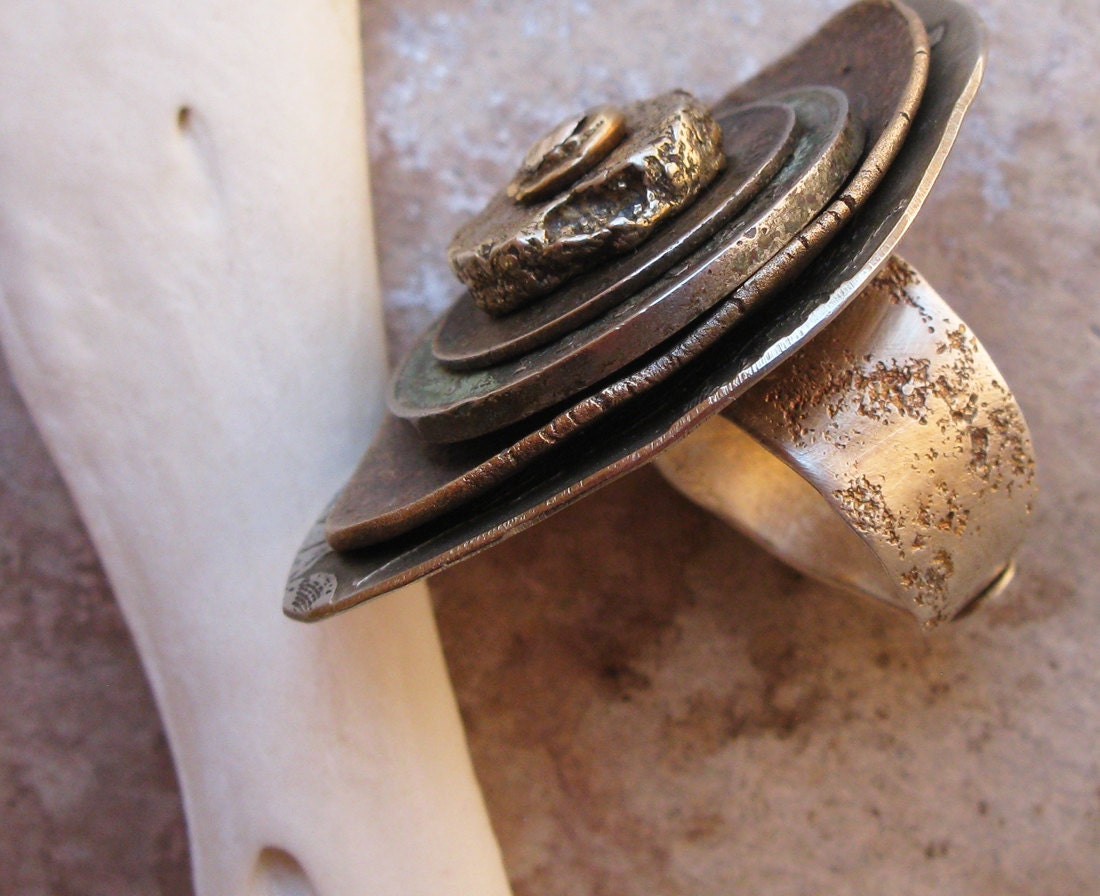 Wabi Sabi Sage, Bronze and Etched Nickel Riveted Eye Ring with Vintage Coins