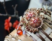 Goldstone, burnt rust orange chalcedony, freshwater pearls, silk ribbon with clay floral details on rose gold  filigree -  Silken Dawn