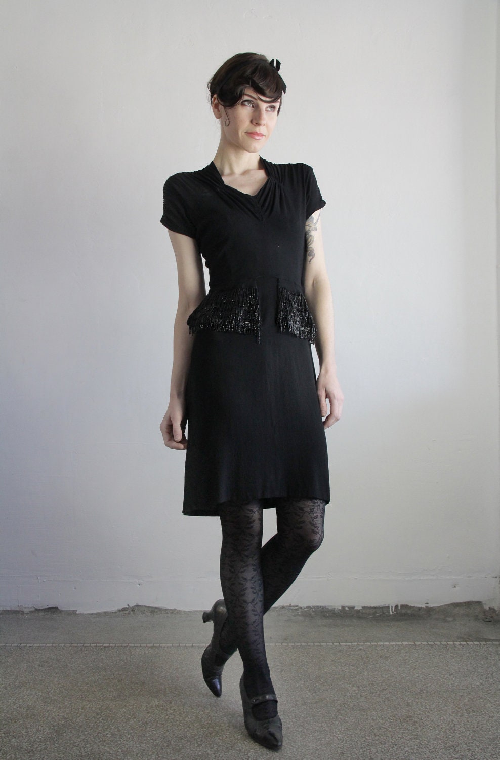 Antique 30s Dress . Glass Beaded Peplum . LBD Vintage Gown . Rayon . Size XS . 1930s