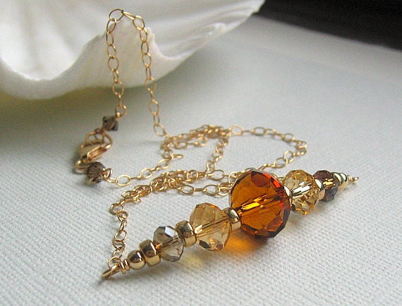 Golden Amber Glass Necklace, Beaded Chain Necklace,Citrine,Brown, 14kt Gold Filled - HONEYCOMB