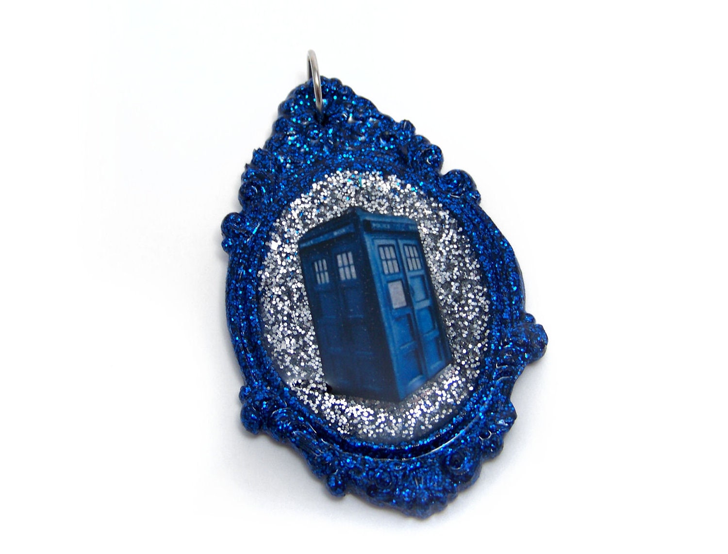 Doctor Who Inspired Blue & Silver Glitter TARDIS Necklace