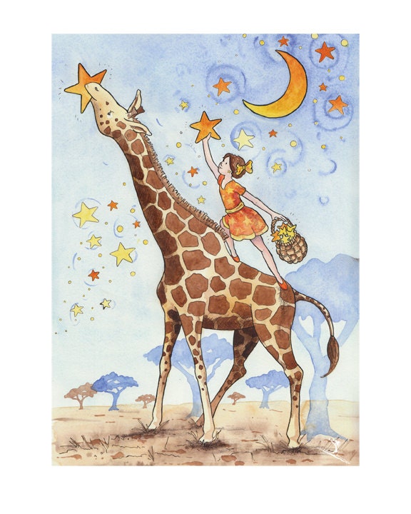 Lighting the Sky: Nursery Art Print - Children's Art - Girl's Room - Home Decor - Giraffes - Stars  - 8 X 10