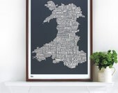 Wales Type Map in Sheer Slate - decorative screen print