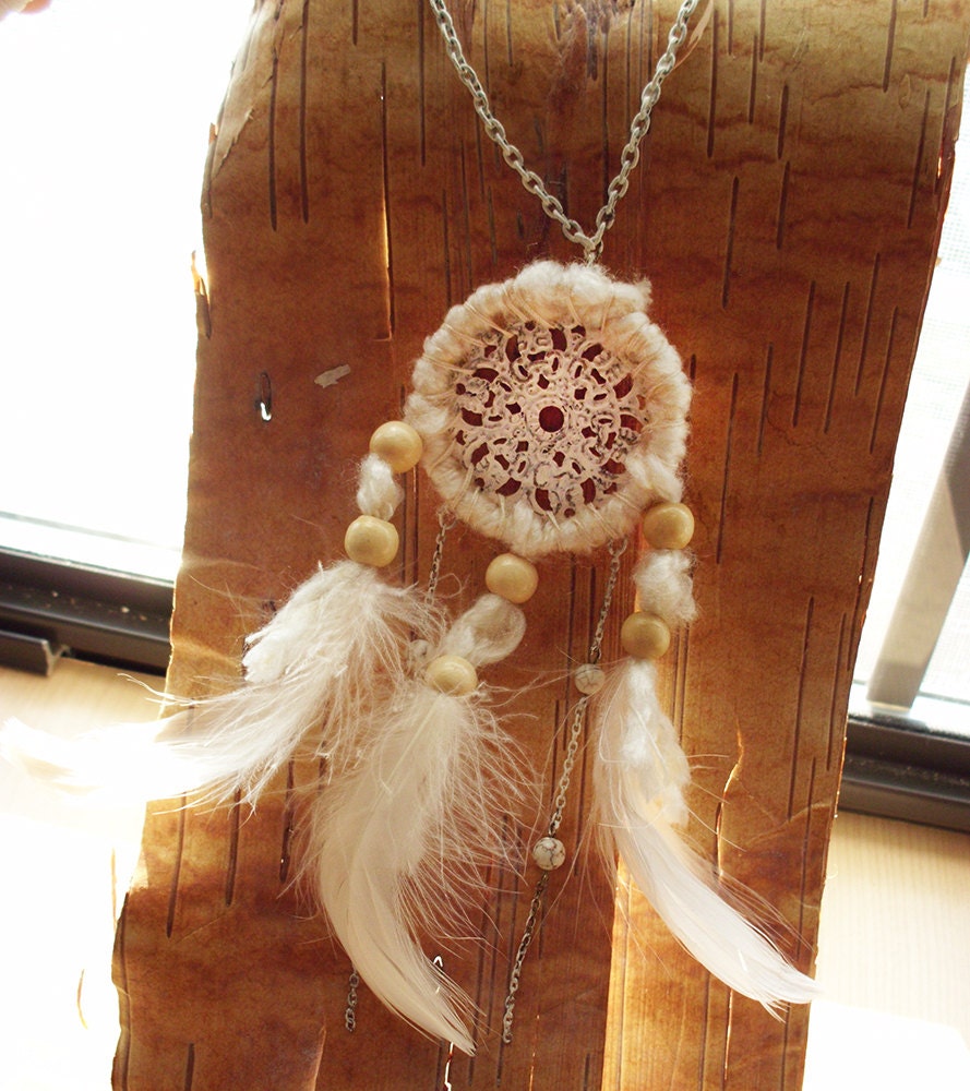 Antiqued White Feather Dreamcatcher Bohemian Necklace Boho Hippie Stone Tribal Gypsy  Dream Catcher Native American Inspired