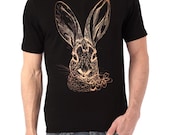 Brush Rabbit tshirt - eco-friendly copper ink screenprint on black cotton crew neck - Adult Unisex Mens sizes XS, S, M, L, XL