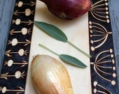 2 sided cutting/serving board, wood burning ooak abstracted seedpod design, brown and white negative space