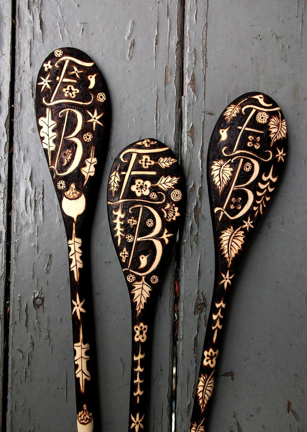 3 custom monogrammed spoons-oak aspen maple leaf acorn night forest style, ooak design, woodburning personalized