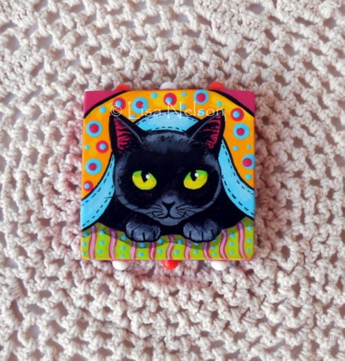 Original Black Cat and Cozy Quilt Mini Folk Art Painting and Magnet