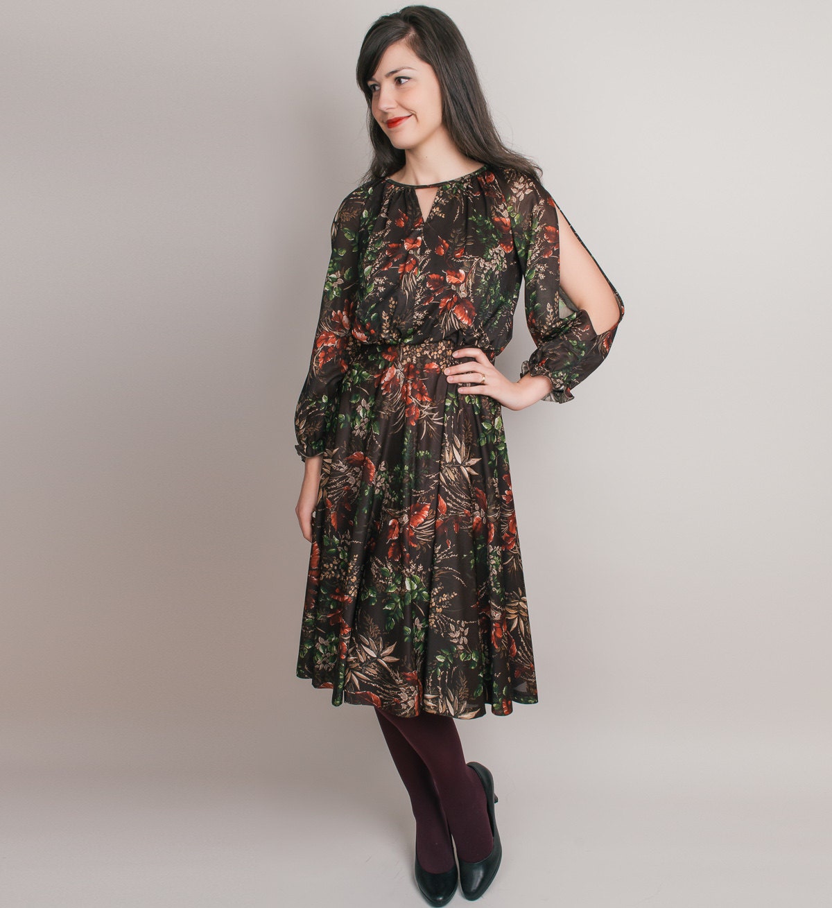 1970s Dress - Vintage 70s Open Sleeve Dress in Rich Brown, Oxblood Red and Green - S / M