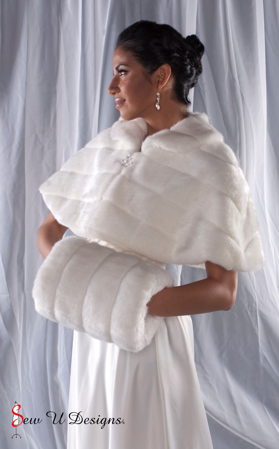 Faux Fur Capelet and Super Size Muff set Winter Wedding Cape Available in White, Ivory, Cream or  Black Grooved Faux Fur
