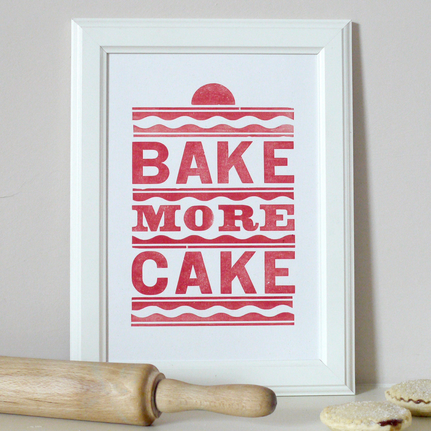 Vintage Bake More Cake Letterpress Print Red