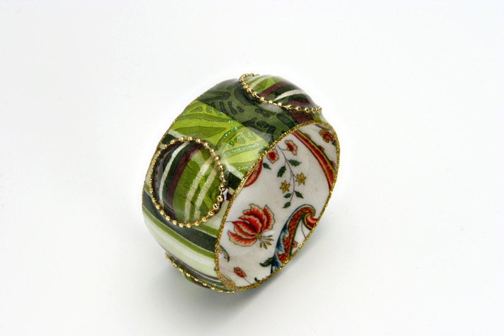 Wide bangle with colorful black and green stripes print coated resin. - irisdesign1