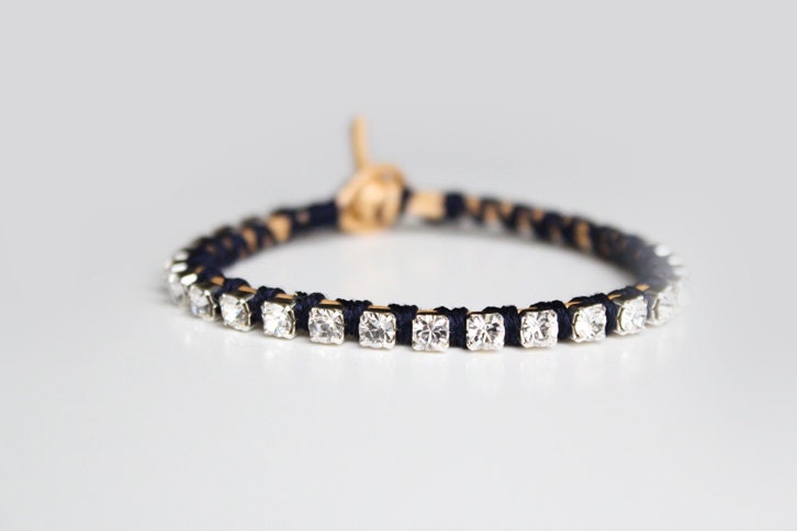 Rhinestone and Gold Leather Bracelet - Stacking Friendship Bracelet