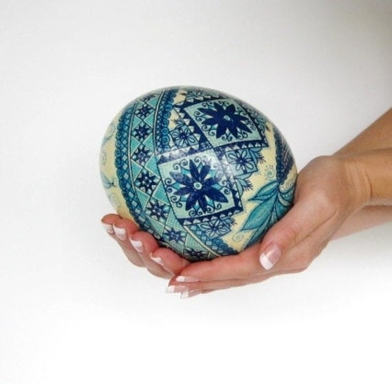 Blue Ostrich Blue Pysanka, batik egg, Ostrich egg shell, Ukrainian Easter egg, hand painted egg, Mother's Day gifts