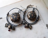 Beaded Earrings - Altered Vintage Plastic, Gold Leaf, Steel, Pyrite - Rustic Assemblage Spaceport Earrings