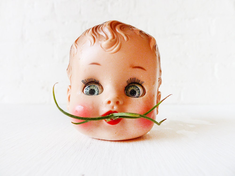 Baby is Buggin - Creepy Cute Air Plant Head Garden - Vintage Sun Babe Doll with LIVE Mustache Pacifier