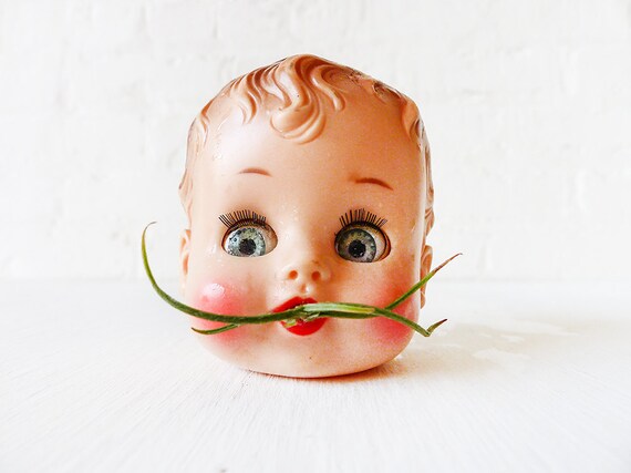 Baby is Buggin - Creepy Cute Air Plant Head Garden - Vintage Sun Babe Doll with LIVE Mustache Pacifier