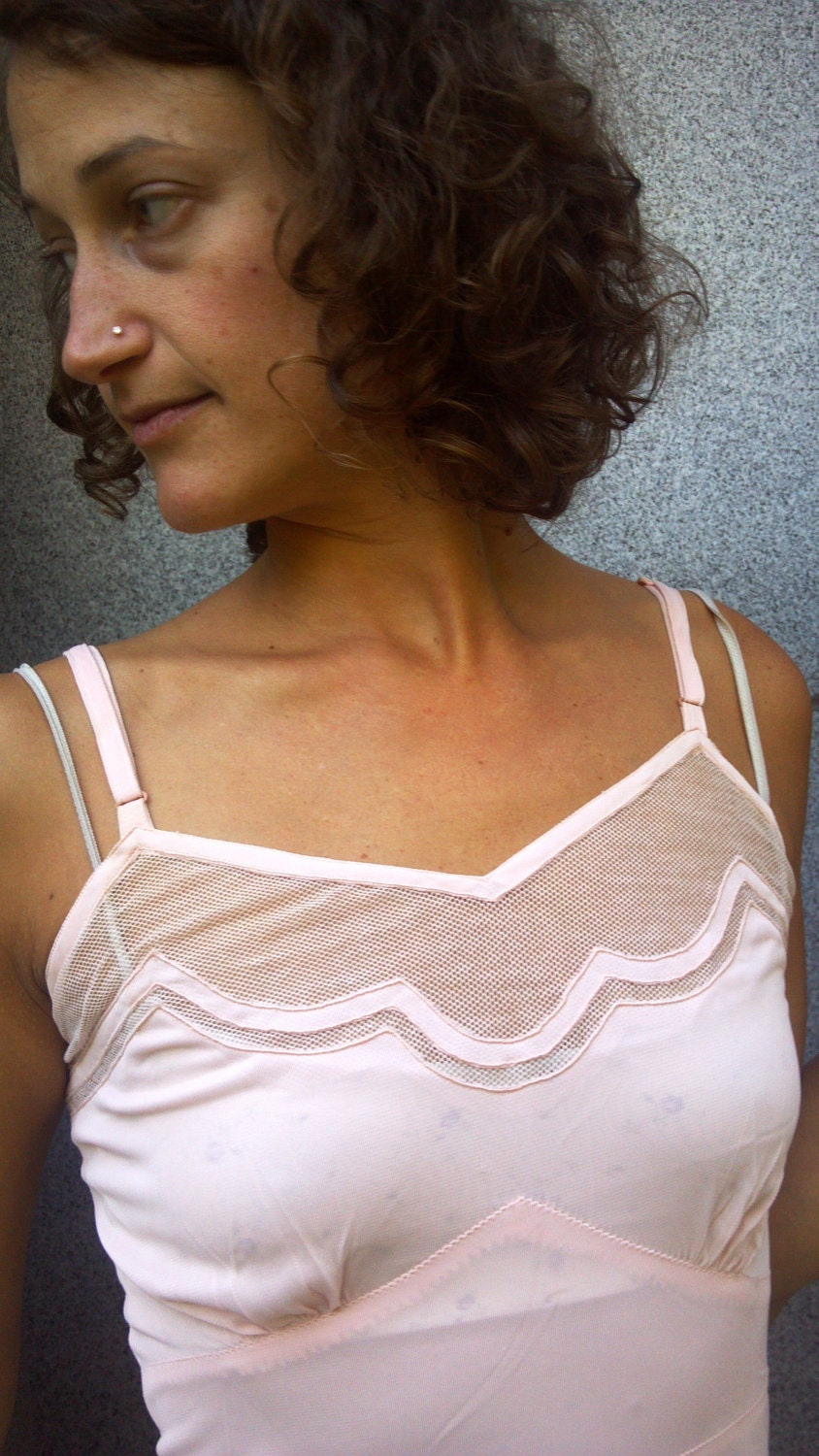 Precious Pale Pink Mesh Slip 1940s Lingerie Intimate Apparel Small