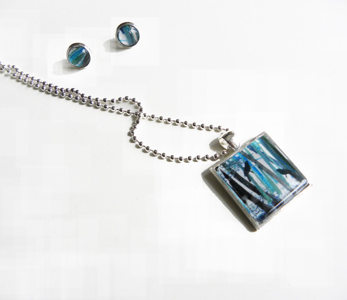 Blue Pendant Wearable Art - birds in the trees -  Necklace set matching earrings - perfect mother's day  gift