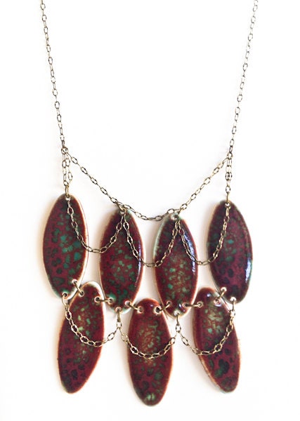 Handmade porcelain jewelry Statement necklace in red and turquoise glaze