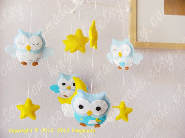 Baby Mobile - Crib Mobile - Felt Mobile - Modern Mobile - Bird Owl Mobile - Blue White Owls in a Yellow starry night(U can pick your colors)