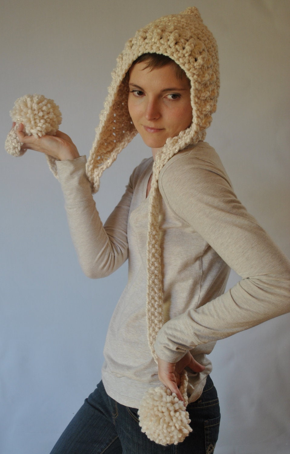 chunky elf hood hat scarf with pom poms - holiday color with shimmer - starlight - the estella