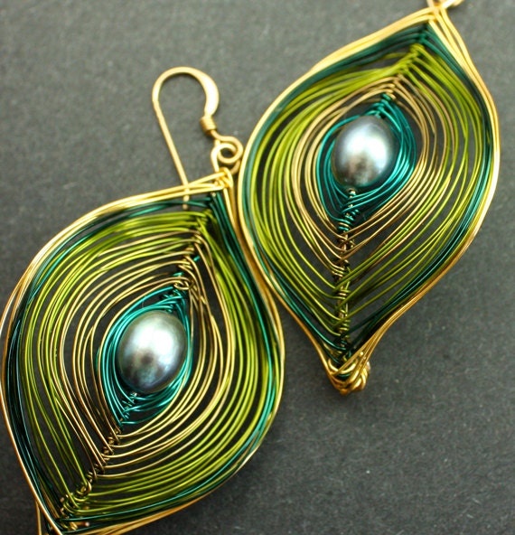 Olive Green and Gold Peacock Earrings Ships Free to US