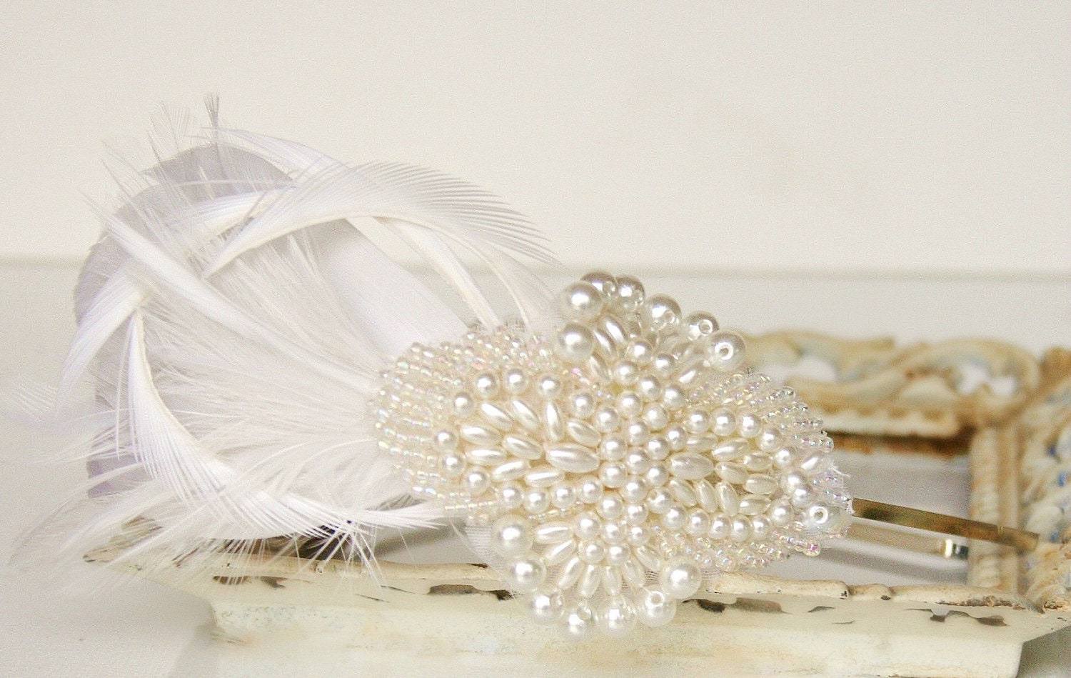 Pearl Bridal Headband, Wedding Headpiece, Wedding Bridal Hair Accessory, Fascinator, Ivory, Feather