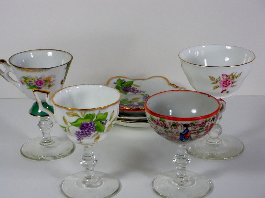 Wedding shot glasses / tea cup wine glass / vintage teacups / vintage demitasse tea cups / special occasion / parties / repurposed set of 4