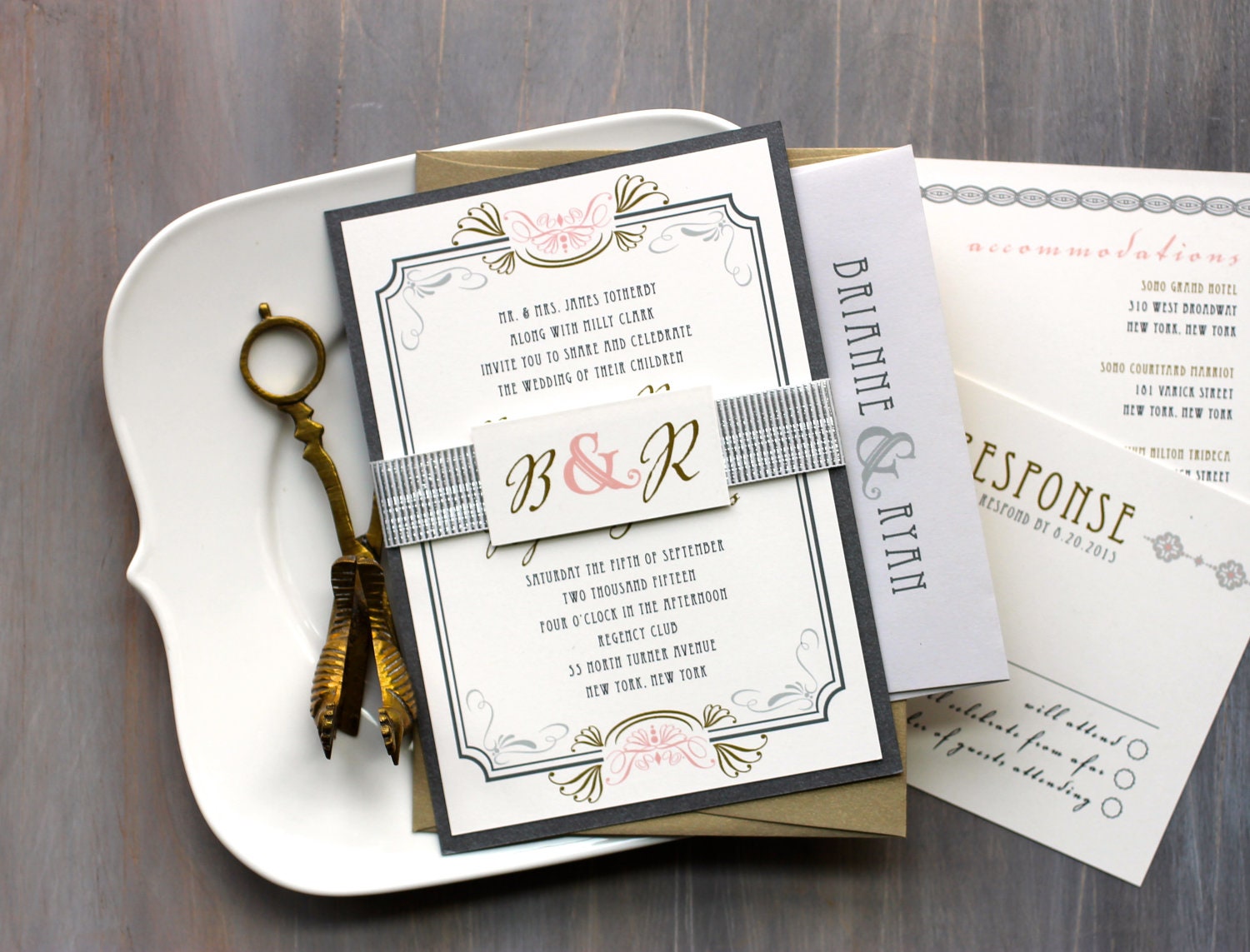 Art Deco Love - Modern Wedding Invitations, Vintage, Romantic, Gray, Gold, Pink, Ivory - Purchase for a Sample