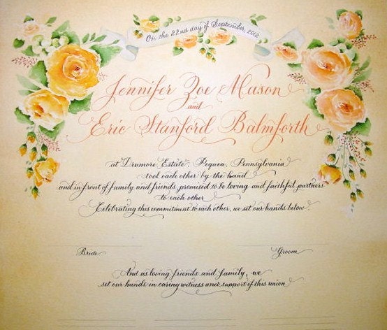 Quaker Marriage Certificate Sign In Sheet.  Custom Painted