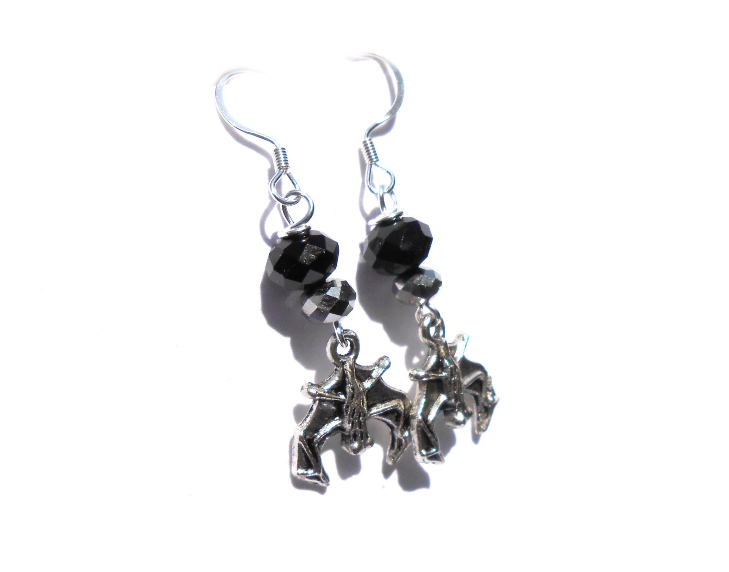 Bat Earrings - Halloween Earrings - Red and Grey Crystal Rondelle Beads - Charm, Chain, Dangle Earrings