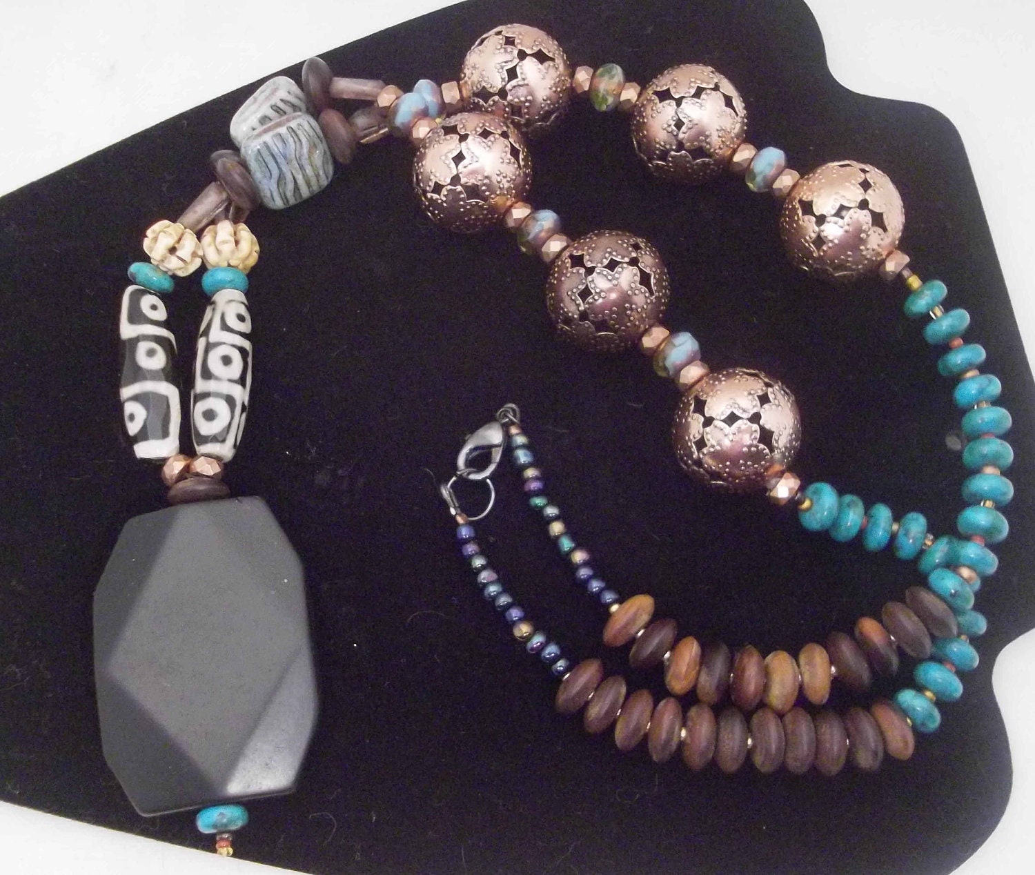 Boho, tribal, ethnic-African prase jasper black, Dzi glass beads, copper filigree, real turquoise, wood and carved bone: Midnight Copper