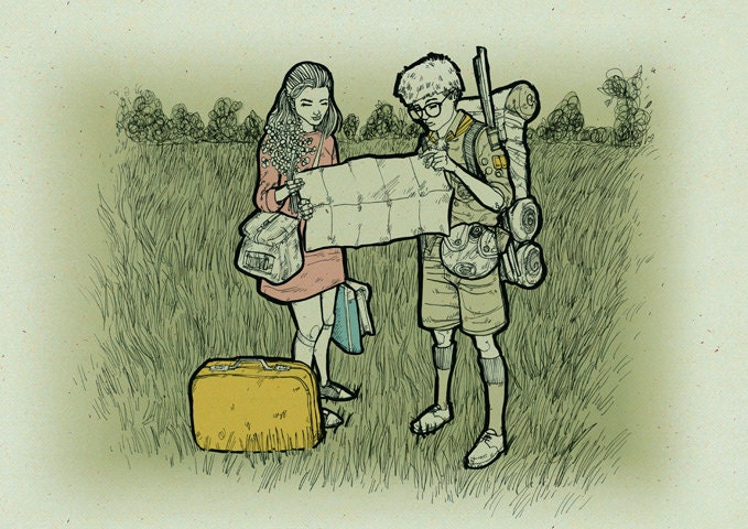 Movie Poster etsy art Suzi & Sam Moonrise Kingdom thinking art illustration drawing ink pencil pen digital print