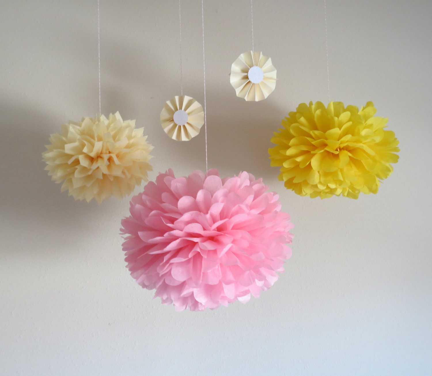 7 Pom Poms - Spring Pink Tissue Paper Pom Poms - More Colors Available - Pink and Yellow - Weddings - Birthday - Decorations - Baby Shower