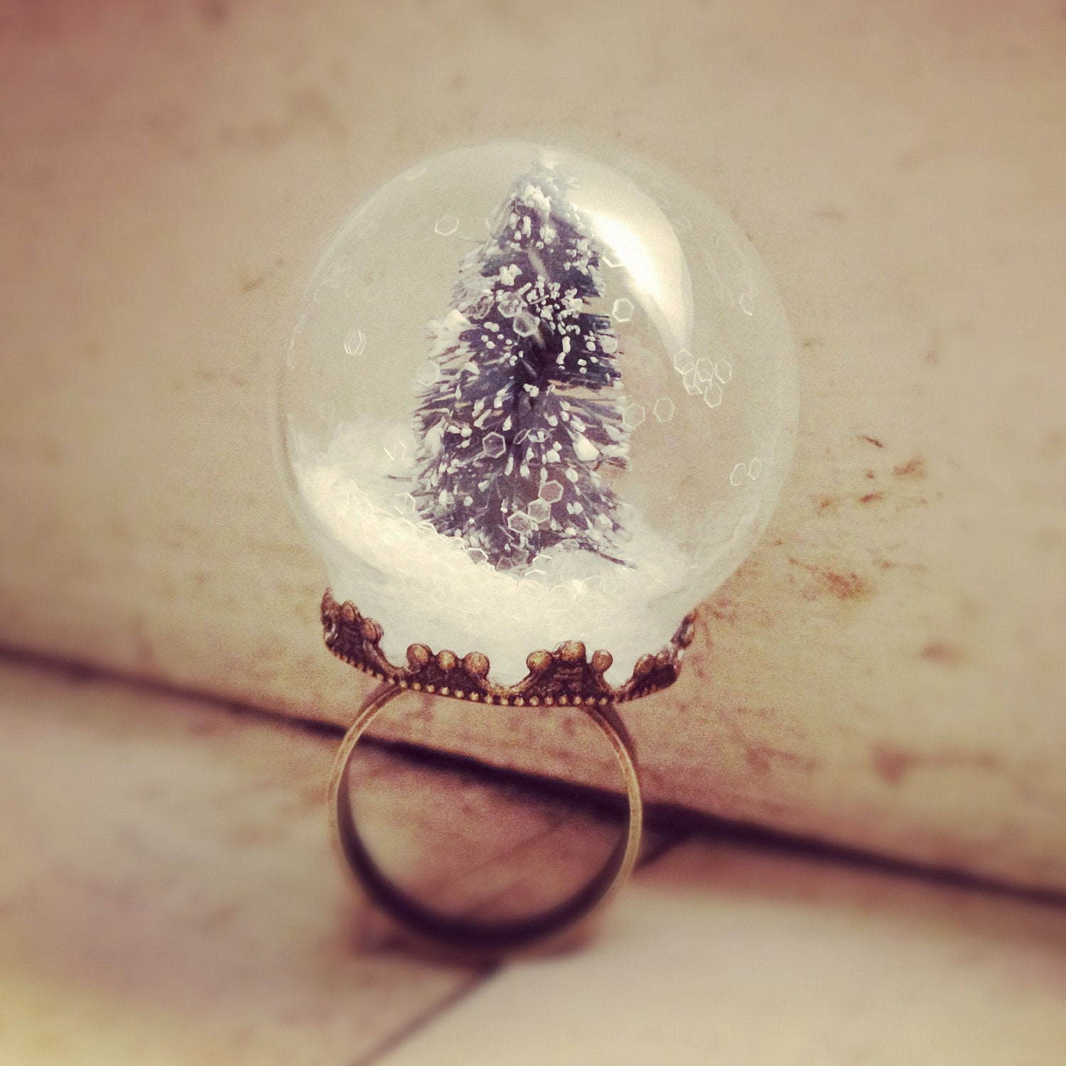 Snow Globe Ring GLASS ring Pine Tree ring Christmas Tree Ring WINTER SNOW Antique bronze  vintage style ring - ingredientsforlovely