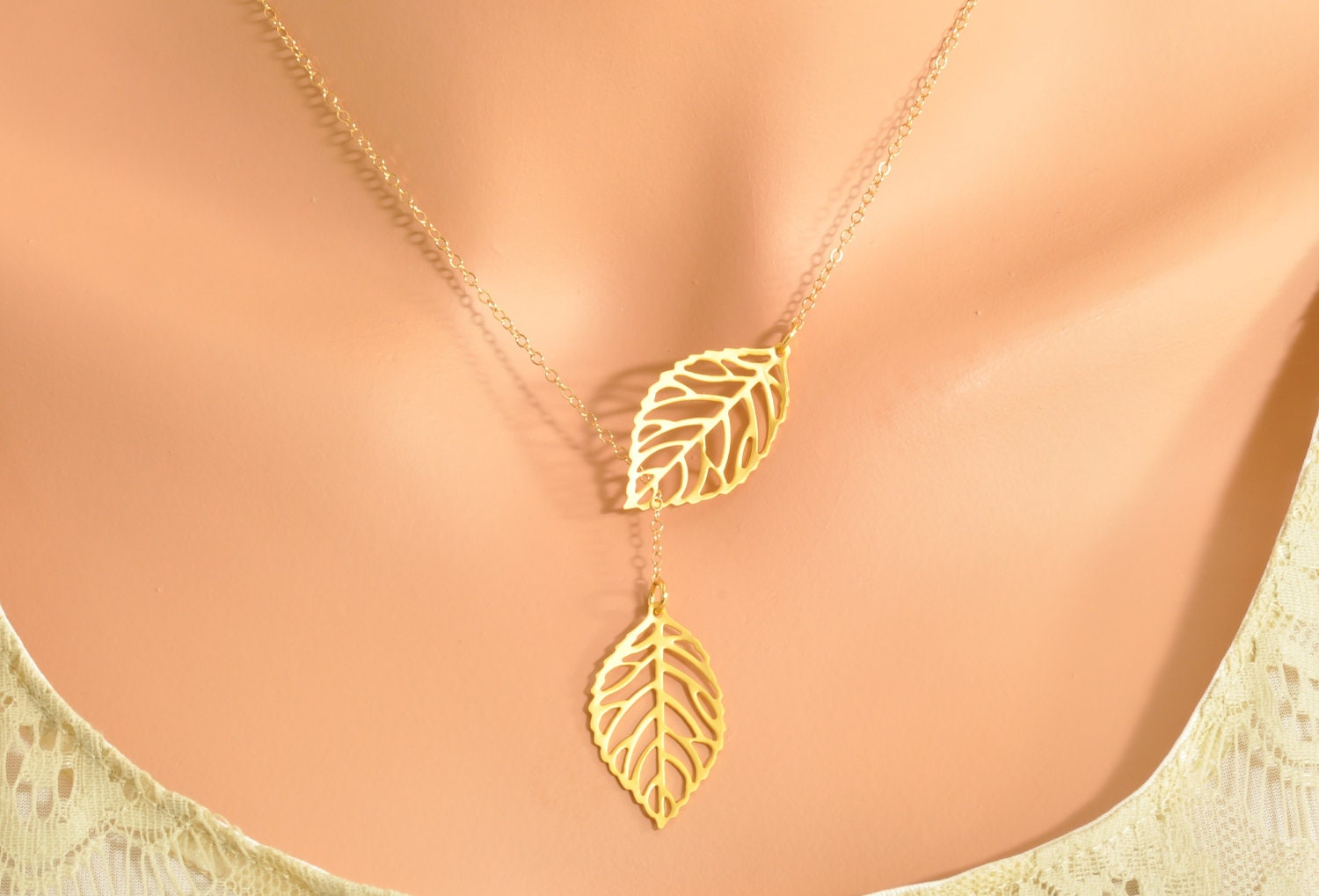 Gold Leaf Lariat - double leaf pendant, double leaf lariat, mini leaf lariat, leaf necklace